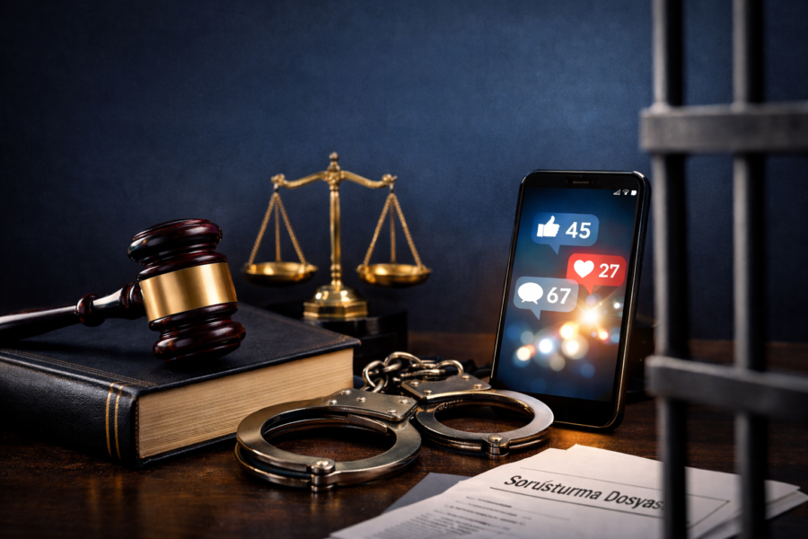 Sosyal medya paylaşımı nedeniyle soruşturma ve tutuklama sürecini temsil eden görsel